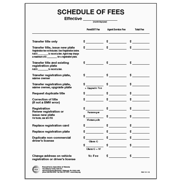 Agent Services Schedule of Fees Wall Chart [PAN-116]