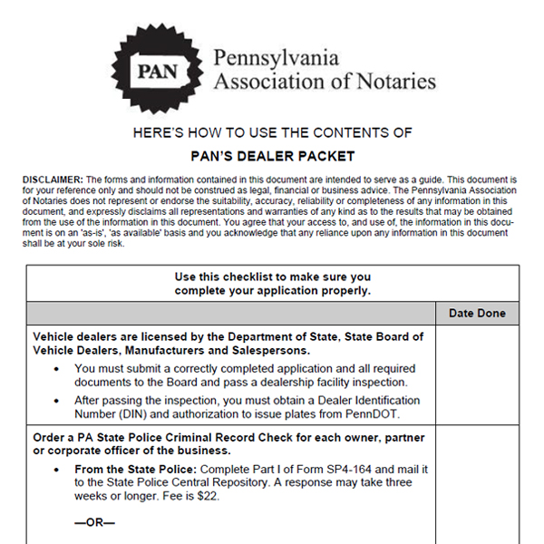 Motor Vehicle Dealer Packet