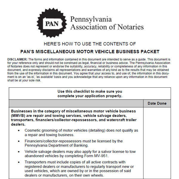 Miscellaneous Motor Vehicle Business Packet