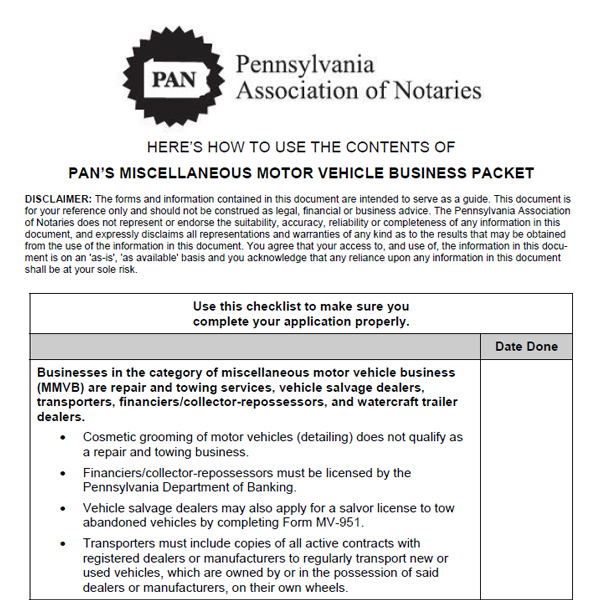 Miscellaneous Motor Vehicle Business (MMVB) Packet