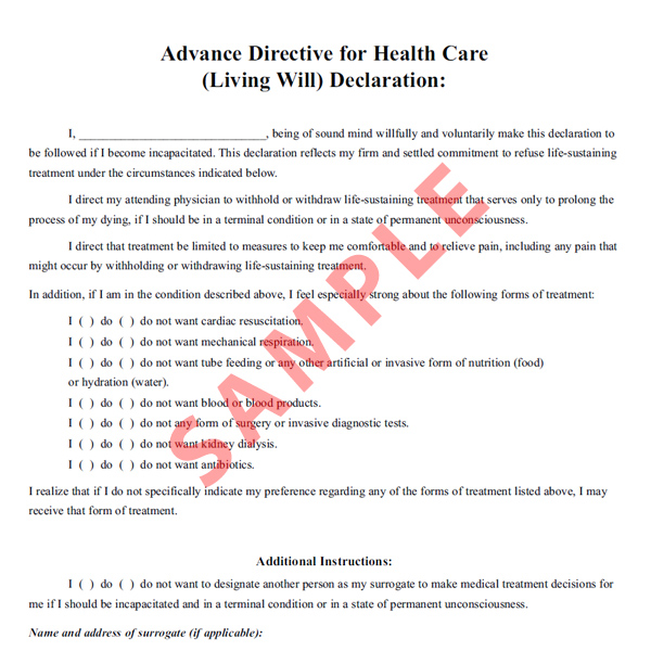 Advance Directive for Health Care Form (Living Will) [PAN-70]